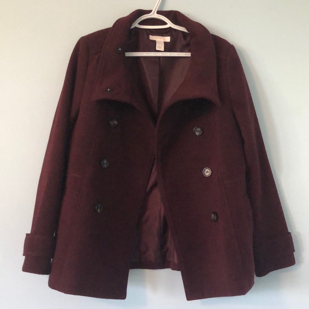 Red buttoned pea coat